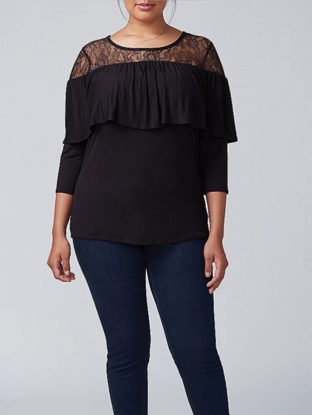 Lane Bryant Women's Black Lace Yoke 3/4 Sleeve Top Size 18/20